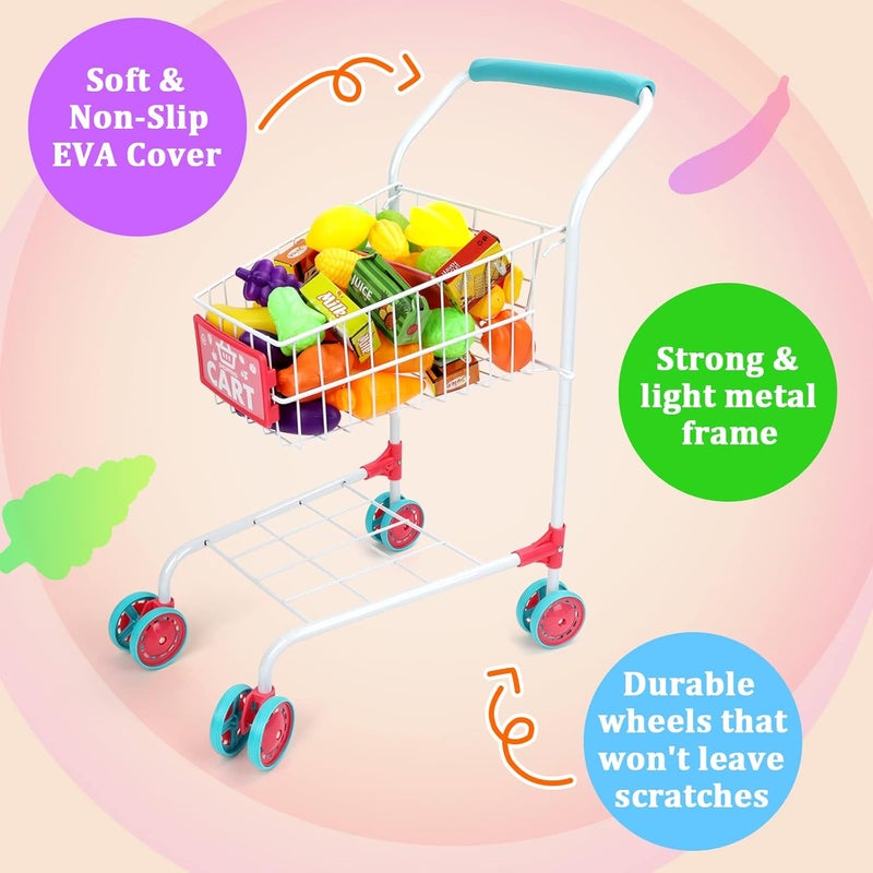 deAO Kids Shopping Cart Trolley with Sturdy Metal Frame for Toddlers 46 PCS Food Fruit Vegetables Pretend Play Food Role Play,Educational Toy Play Kitchen Toys for Boys Girls Kids - Image 4